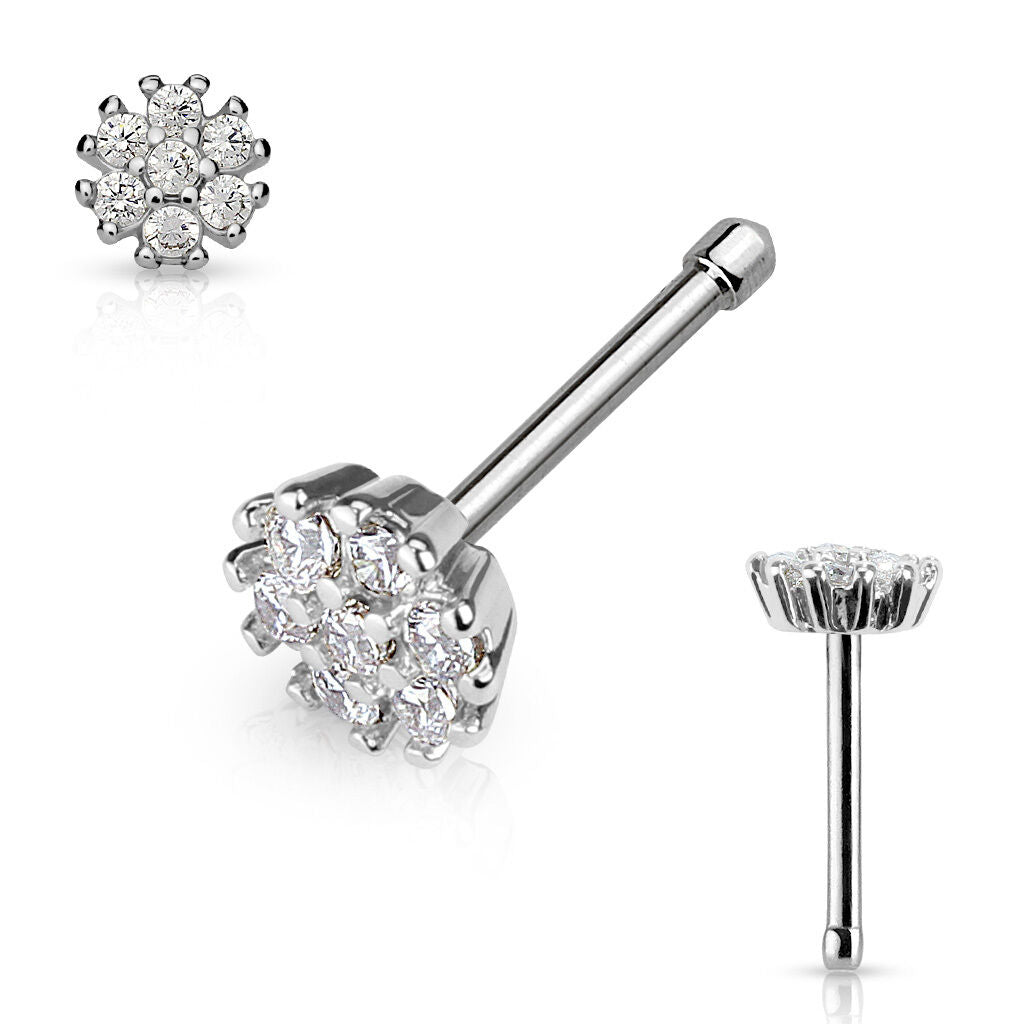CZ Flower Top 20g Surgical Steel Nose Stud Bone Nostril Ring Body Jewelry