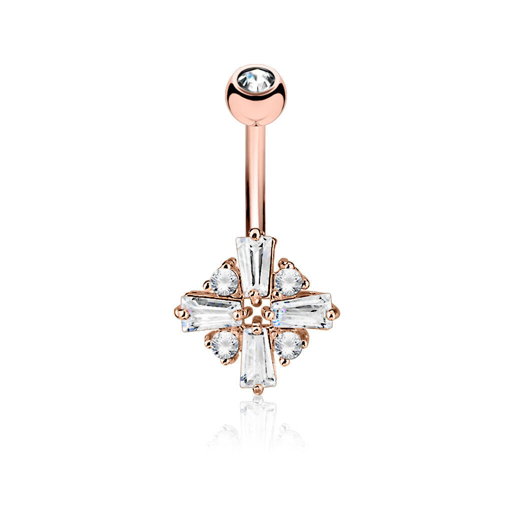 1pc Princess Cut CZ Gem Cross Surgical Steel Belly Ring Navel Naval