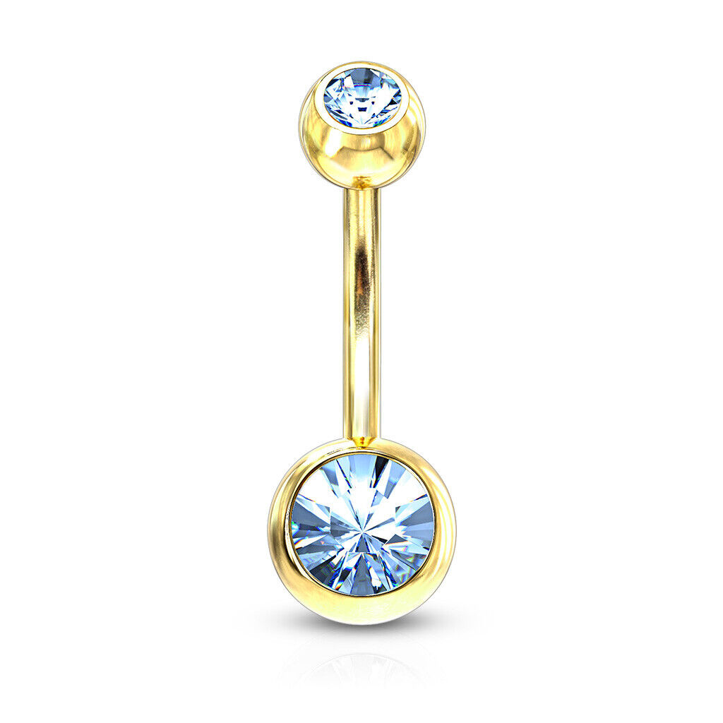 Gold Ion Plated Steel Double CZ Gem Ball Belly Ring Pierced Navel Naval