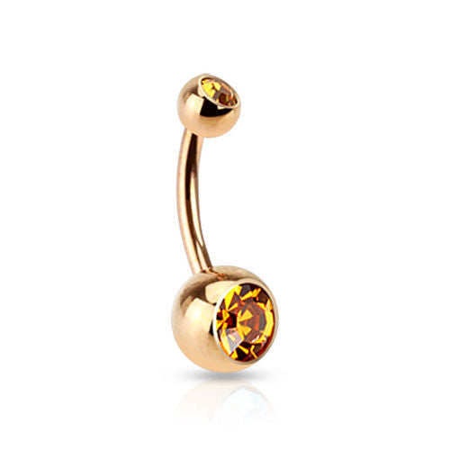 Rose Gold Plated Steel Double CZ Gem Ball Belly Ring Pierced Navel Naval