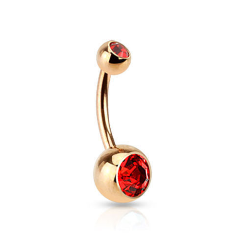 Rose Gold Plated Steel Double CZ Gem Ball Belly Ring Pierced Navel Naval