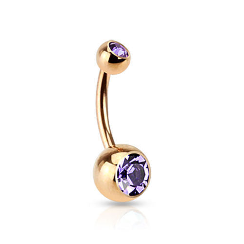 Rose Gold Plated Steel Double CZ Gem Ball Belly Ring Pierced Navel Naval