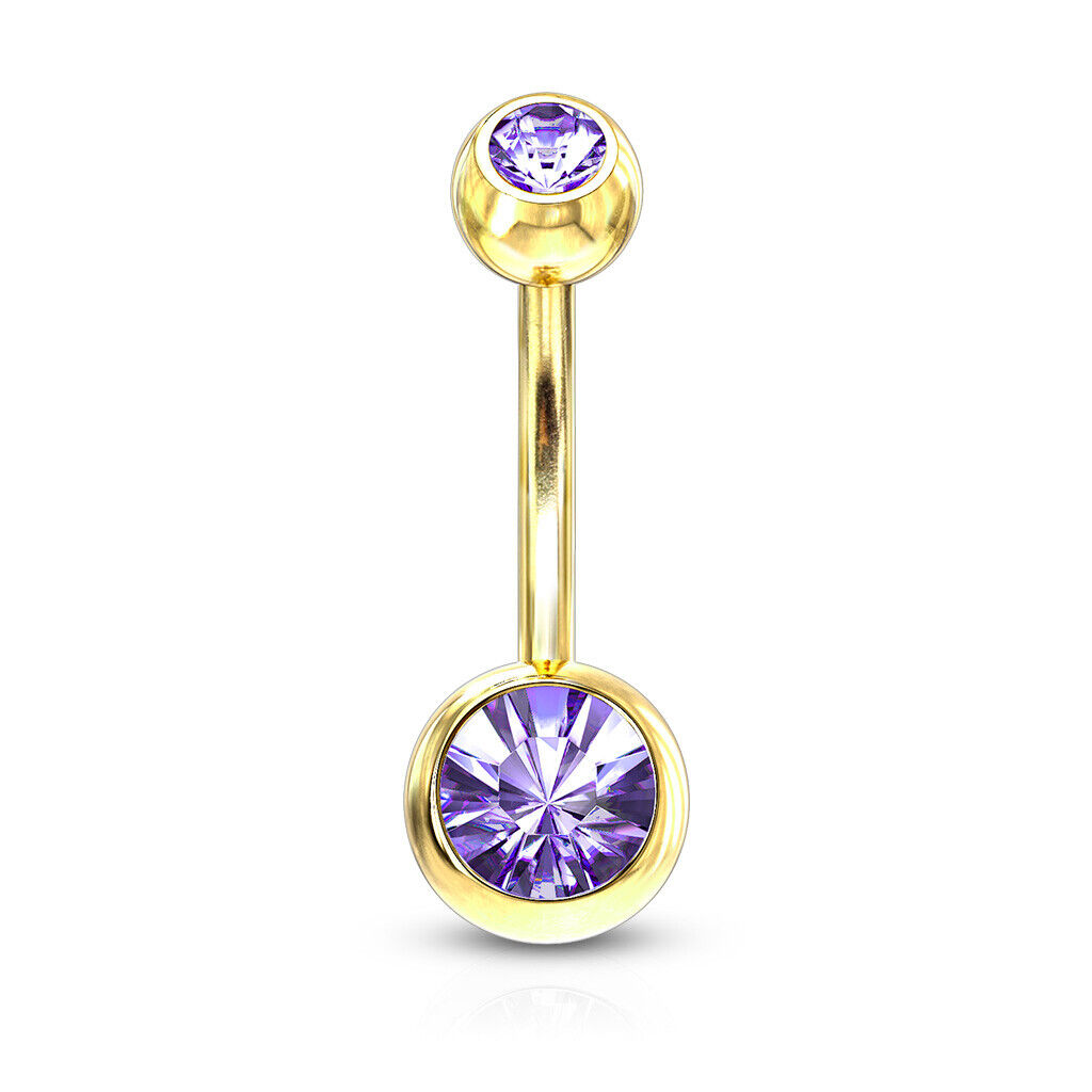 Gold Ion Plated Steel Double CZ Gem Ball Belly Ring Pierced Navel Naval