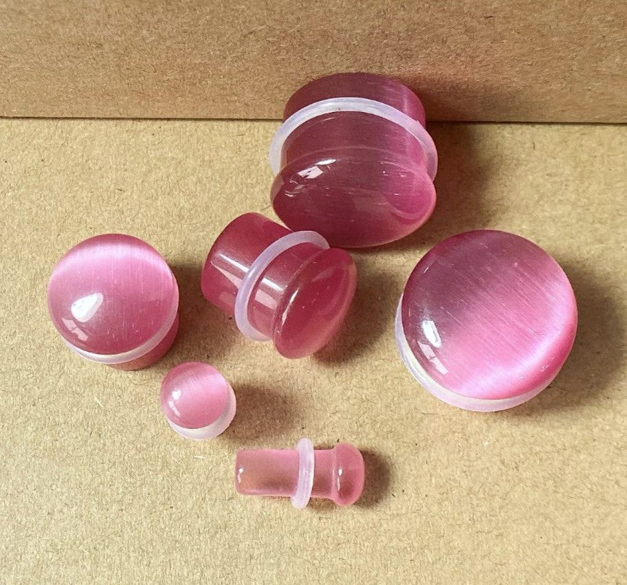 PAIR Pink Cat Eye Stone Plugs Single Flare Tunnels Earlets Gauges Body Jewelry