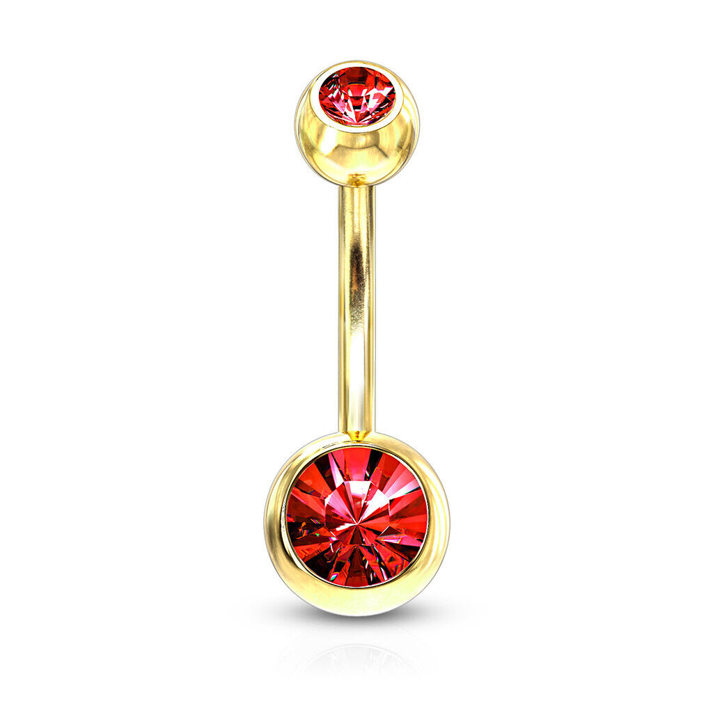Gold Ion Plated Steel Double CZ Gem Ball Belly Ring Pierced Navel Naval