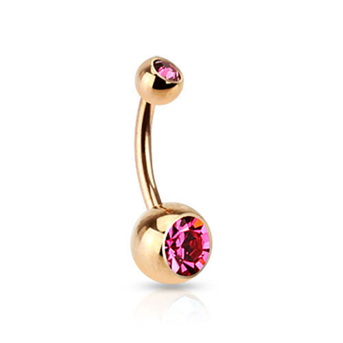Rose Gold Plated Steel Double CZ Gem Ball Belly Ring Pierced Navel Naval