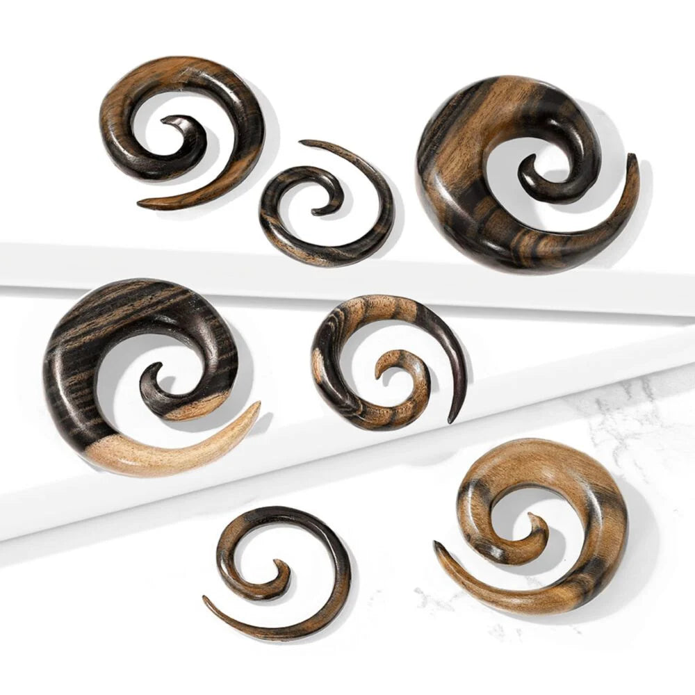 PAIR Ebony Wood Spiral Tapers Organic Plugs Tunnels Earlets Gauges