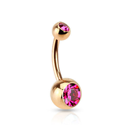 Rose Gold Plated Steel Double CZ Gem Ball Belly Ring Pierced Navel Naval