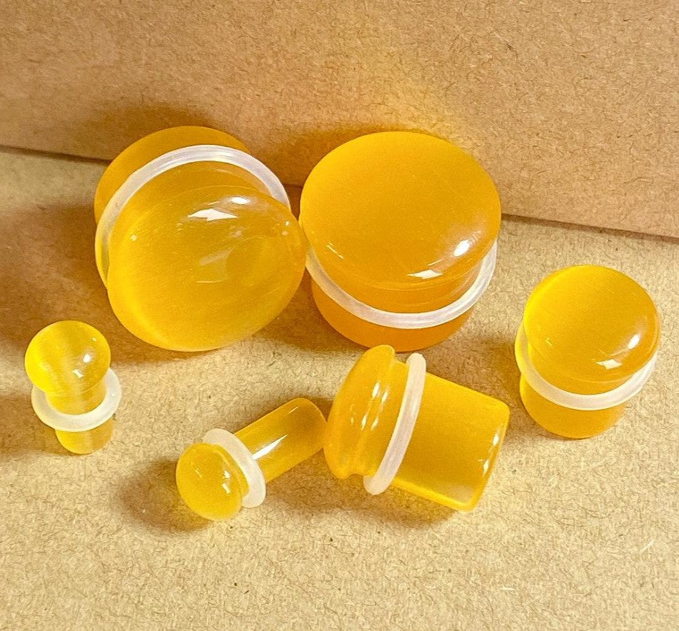 PAIR Yellow Cat Eye Stone Plugs Single Flare Tunnels Earlets Gauges Body Jewelry