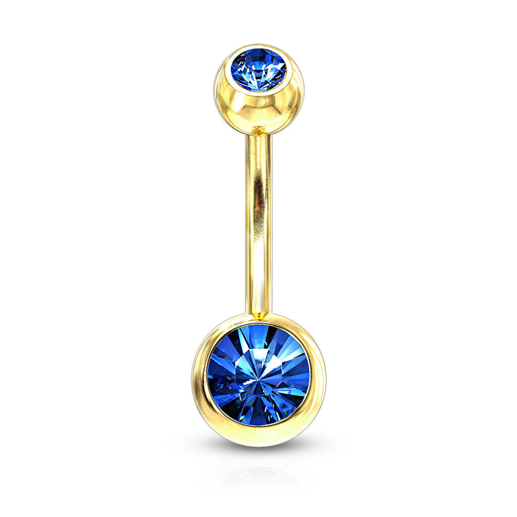 Gold Ion Plated Steel Double CZ Gem Ball Belly Ring Pierced Navel Naval