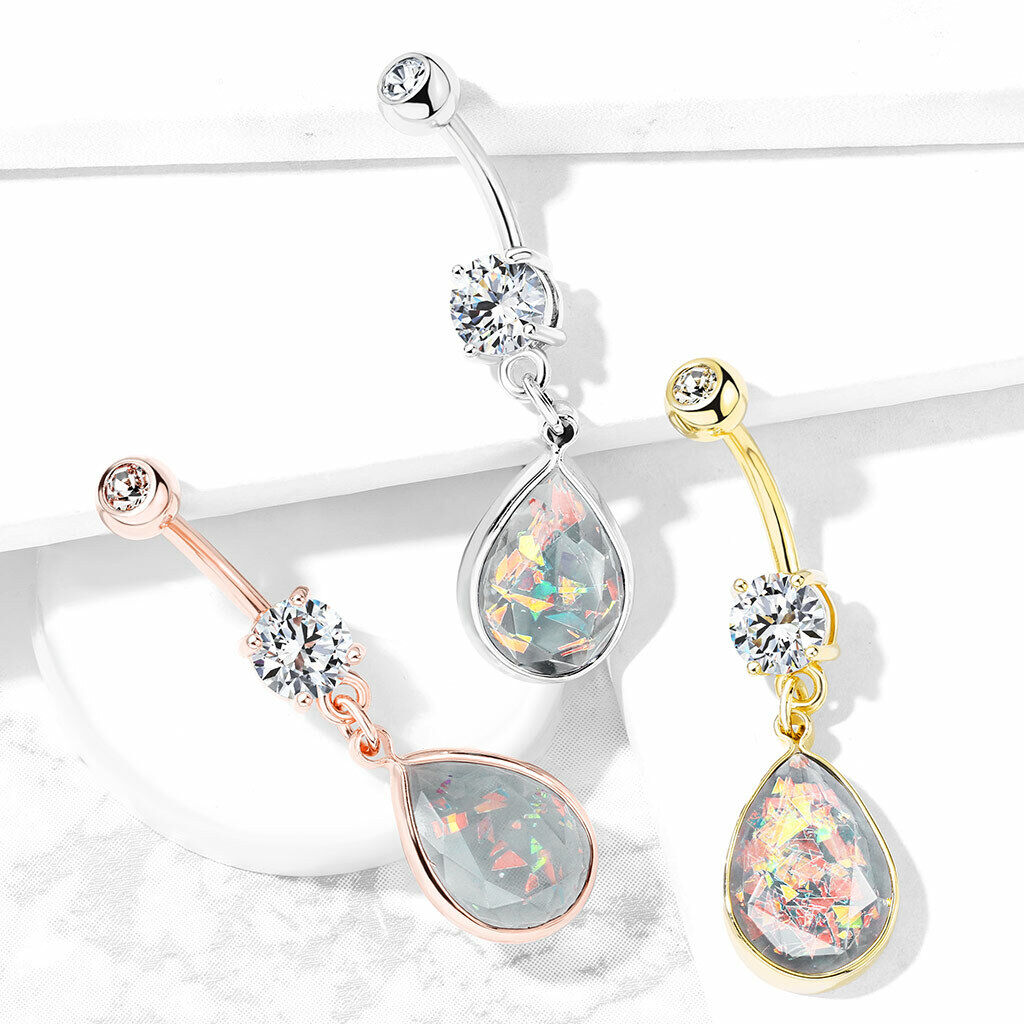 1pc Rainbow Glitter Opalite Tear Drop Belly Ring Pierced Navel Naval Piercing