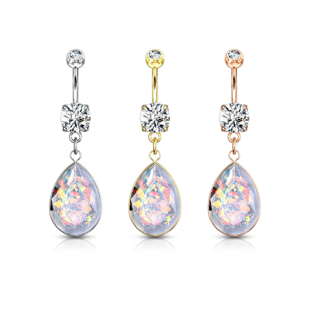 1pc Rainbow Glitter Opalite Tear Drop Belly Ring Pierced Navel Naval Piercing