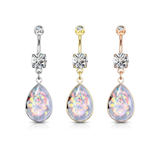 1pc Rainbow Glitter Opalite Tear Drop Belly Ring Pierced Navel Naval Piercing