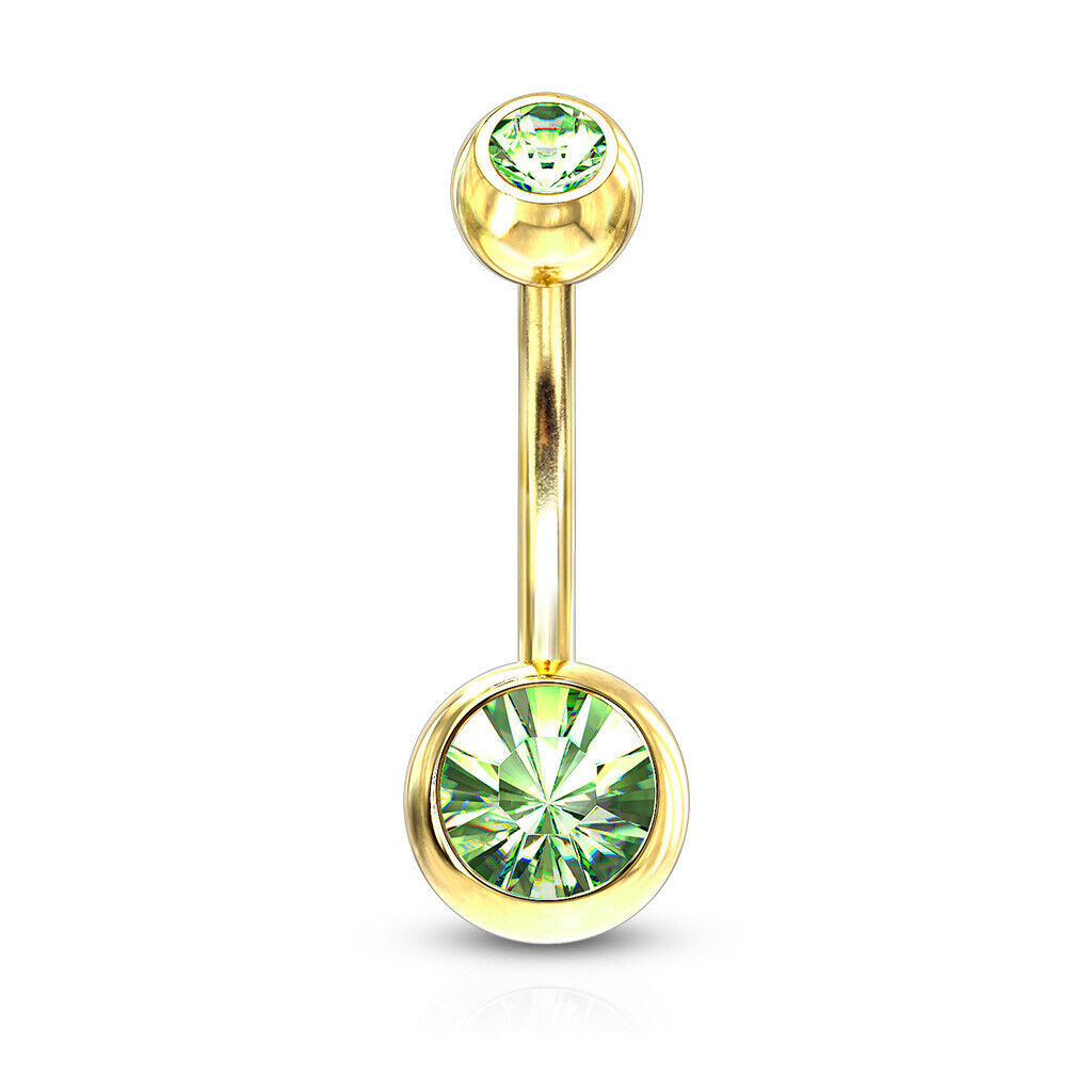 Gold Ion Plated Steel Double CZ Gem Ball Belly Ring Pierced Navel Naval