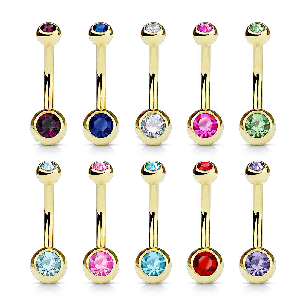 Gold Ion Plated Steel Double CZ Gem Ball Belly Ring Pierced Navel Naval