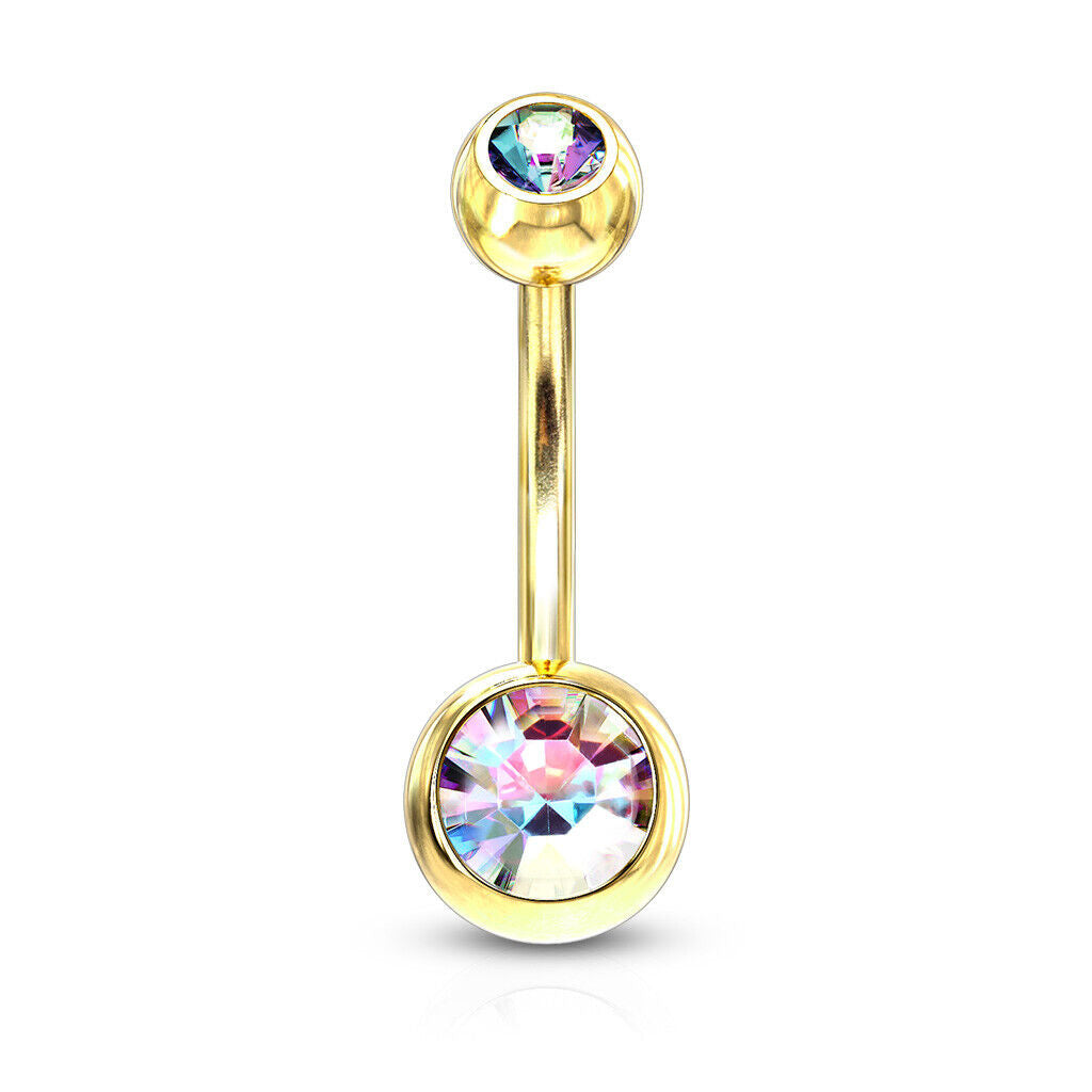 Gold Ion Plated Steel Double CZ Gem Ball Belly Ring Pierced Navel Naval