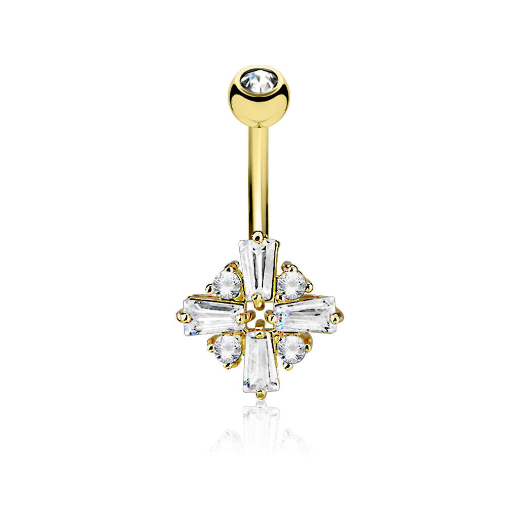 1pc Princess Cut CZ Gem Cross Surgical Steel Belly Ring Navel Naval