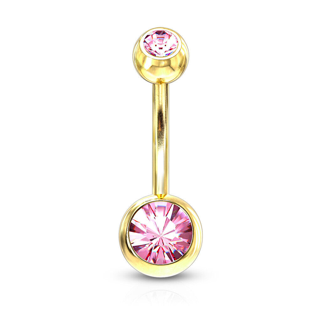 Gold Ion Plated Steel Double CZ Gem Ball Belly Ring Pierced Navel Naval