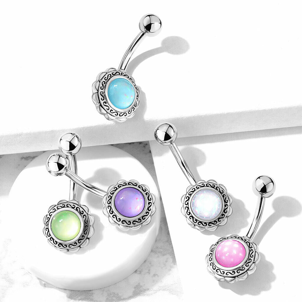 Filigree Flower Illuminating Stone Belly Ring Naval Piercing Navel