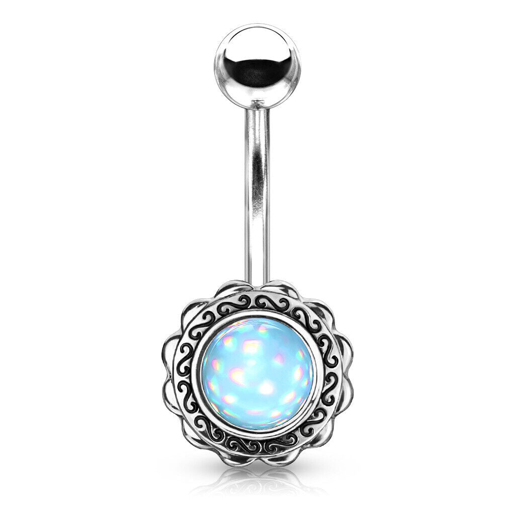 Filigree Flower Illuminating Stone Belly Ring Naval Piercing Navel