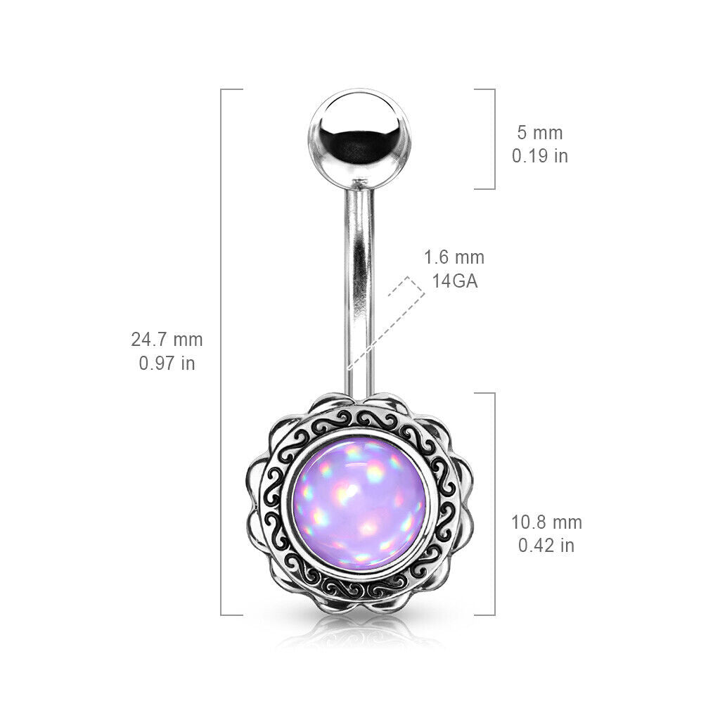 Filigree Flower Illuminating Stone Belly Ring Naval Piercing Navel