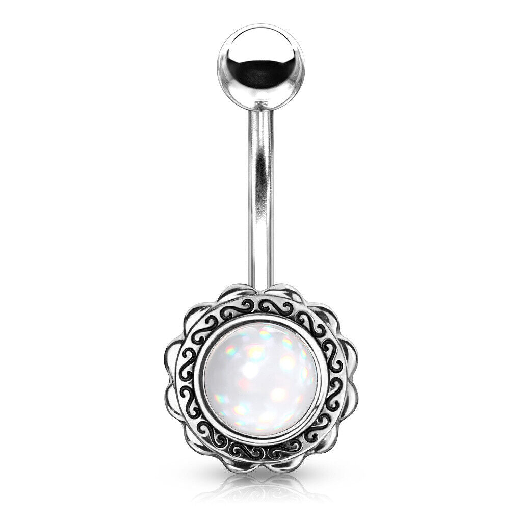 Filigree Flower Illuminating Stone Belly Ring Naval Piercing Navel