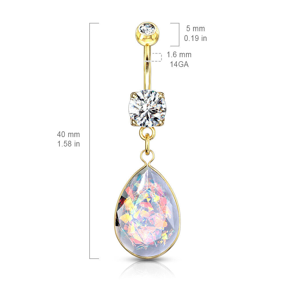 1pc Rainbow Glitter Opalite Tear Drop Belly Ring Pierced Navel Naval Piercing