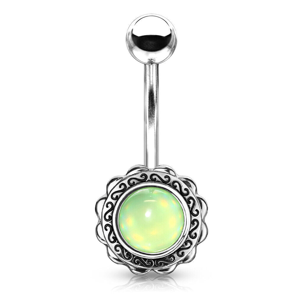 Filigree Flower Illuminating Stone Belly Ring Naval Piercing Navel