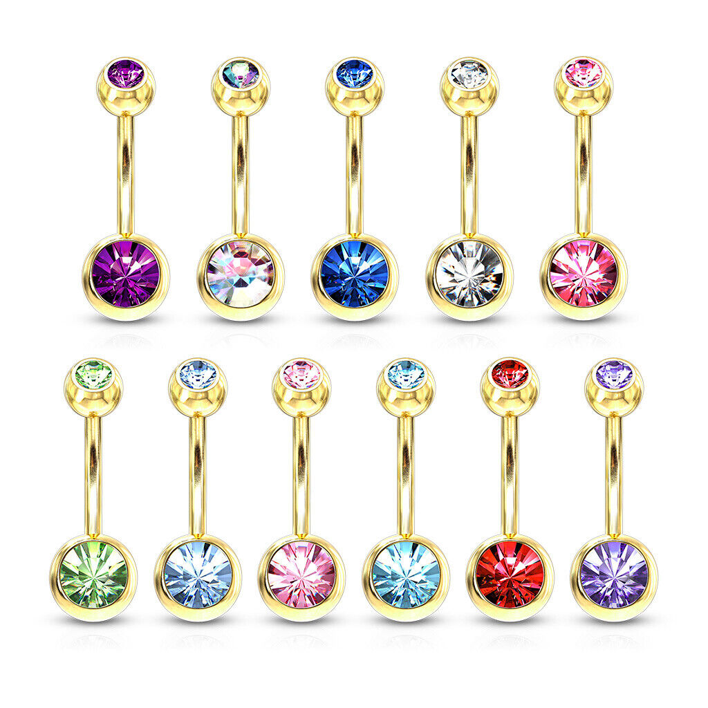 Gold Ion Plated Steel Double CZ Gem Ball Belly Ring Pierced Navel Naval