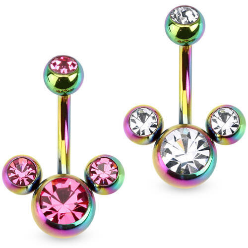 Mouse Triple CZ Gem Ion Plated Belly Ring Pierced Navel Naval Mickey Minnie