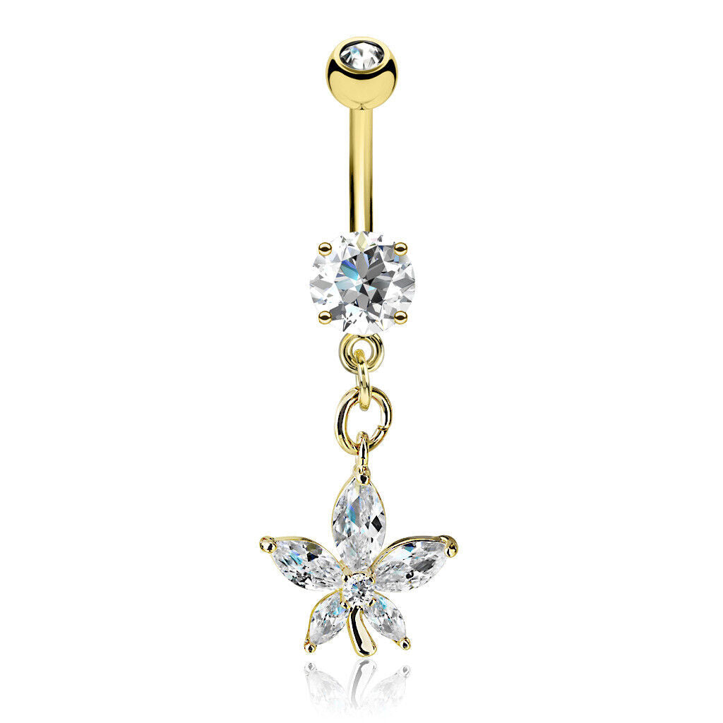 1pc Marquise Cut CZ Gem Flower Dangle Surgical Steel Belly Ring Navel Naval
