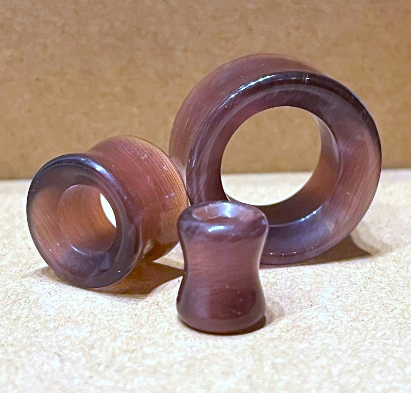 PAIR Concave Purple Cat Eye Stone Tunnels Double Flare Plugs