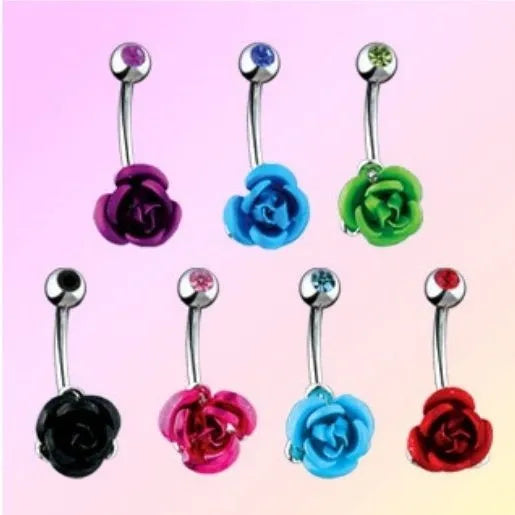 1pc Colored Metal Rose Belly Ring CZ Gem Pierced Navel Naval Flower