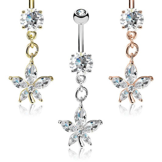 1pc Marquise Cut CZ Gem Flower Dangle Surgical Steel Belly Ring Navel Naval