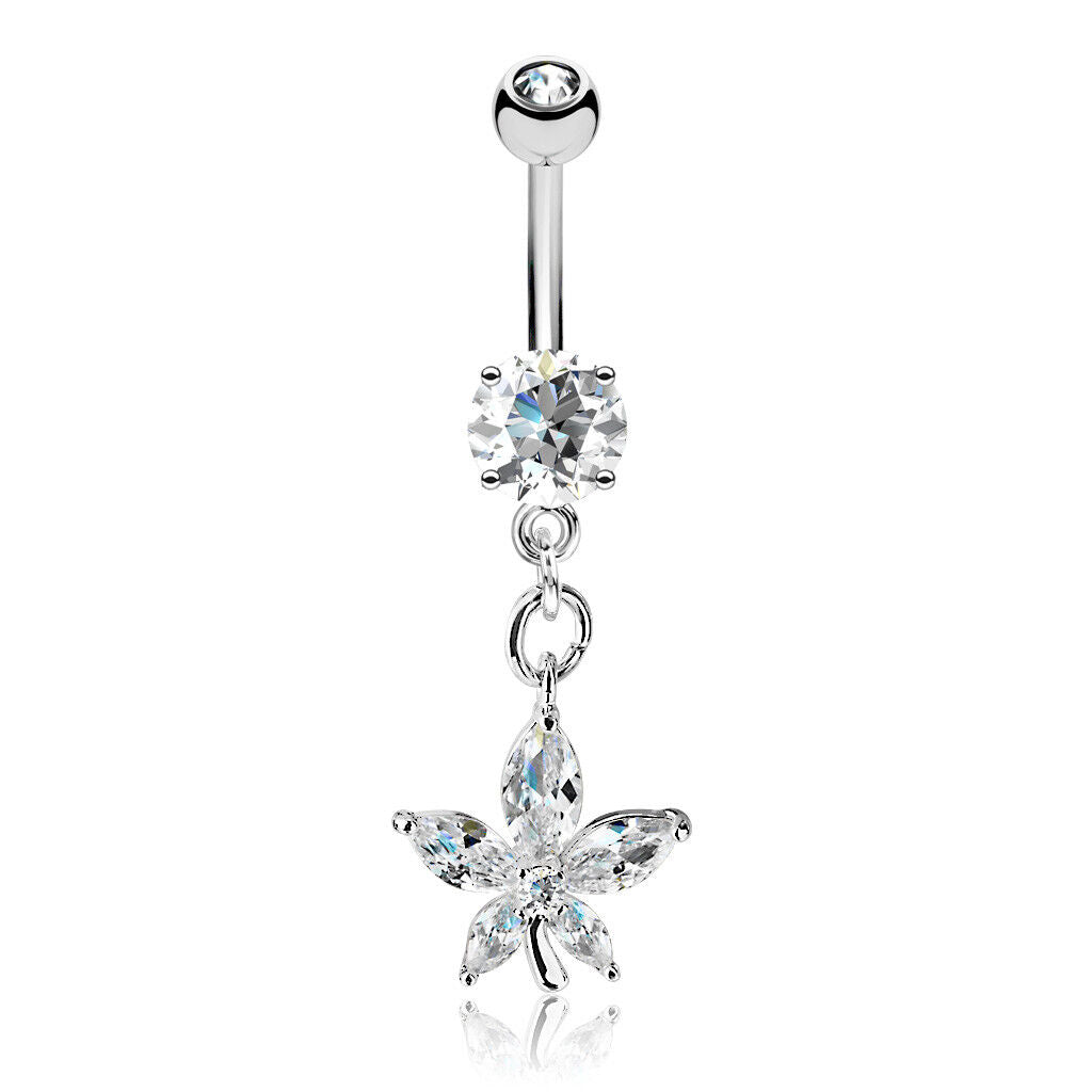 1pc Marquise Cut CZ Gem Flower Dangle Surgical Steel Belly Ring Navel Naval