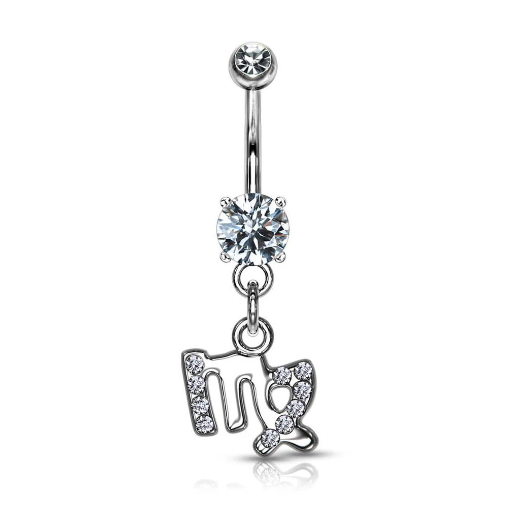 Zodiac Sign Paved CZ Gem Belly Ring Pierced Navel Astrology 14g Surgical Steel