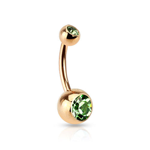 Rose Gold Plated Steel Double CZ Gem Ball Belly Ring Pierced Navel Naval