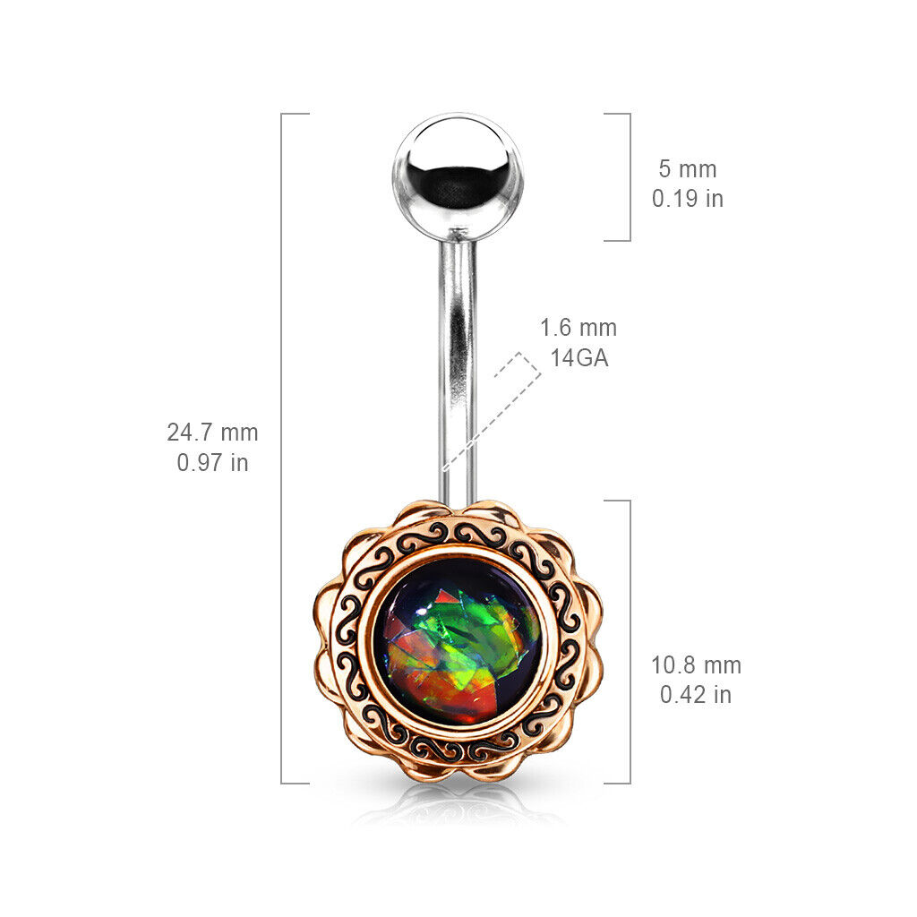 Rose Gold Filigree Flower Belly Ring Opal Glitter Center Naval Piercing Navel