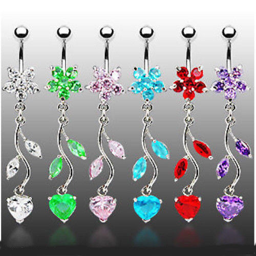 1pc Flower Vine Heart CZ Gems Belly Ring Navel Piercing Pierced Naval Jewelry