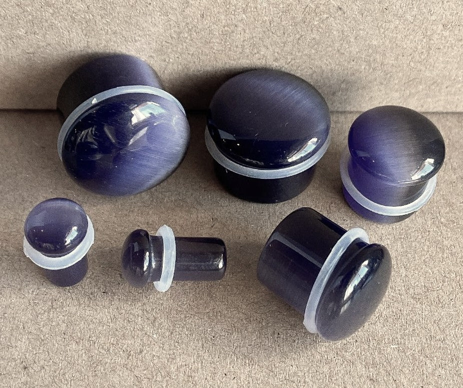 PAIR Violet Cat Eye Stone Plugs Single Flare Tunnels Earlets Gauges Body Jewelry