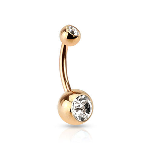 Rose Gold Plated Steel Double CZ Gem Ball Belly Ring Pierced Navel Naval