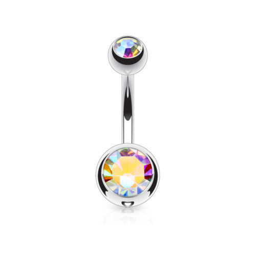Surgical Steel Double CZ Gem Ball Belly Ring Pierced Navel Naval