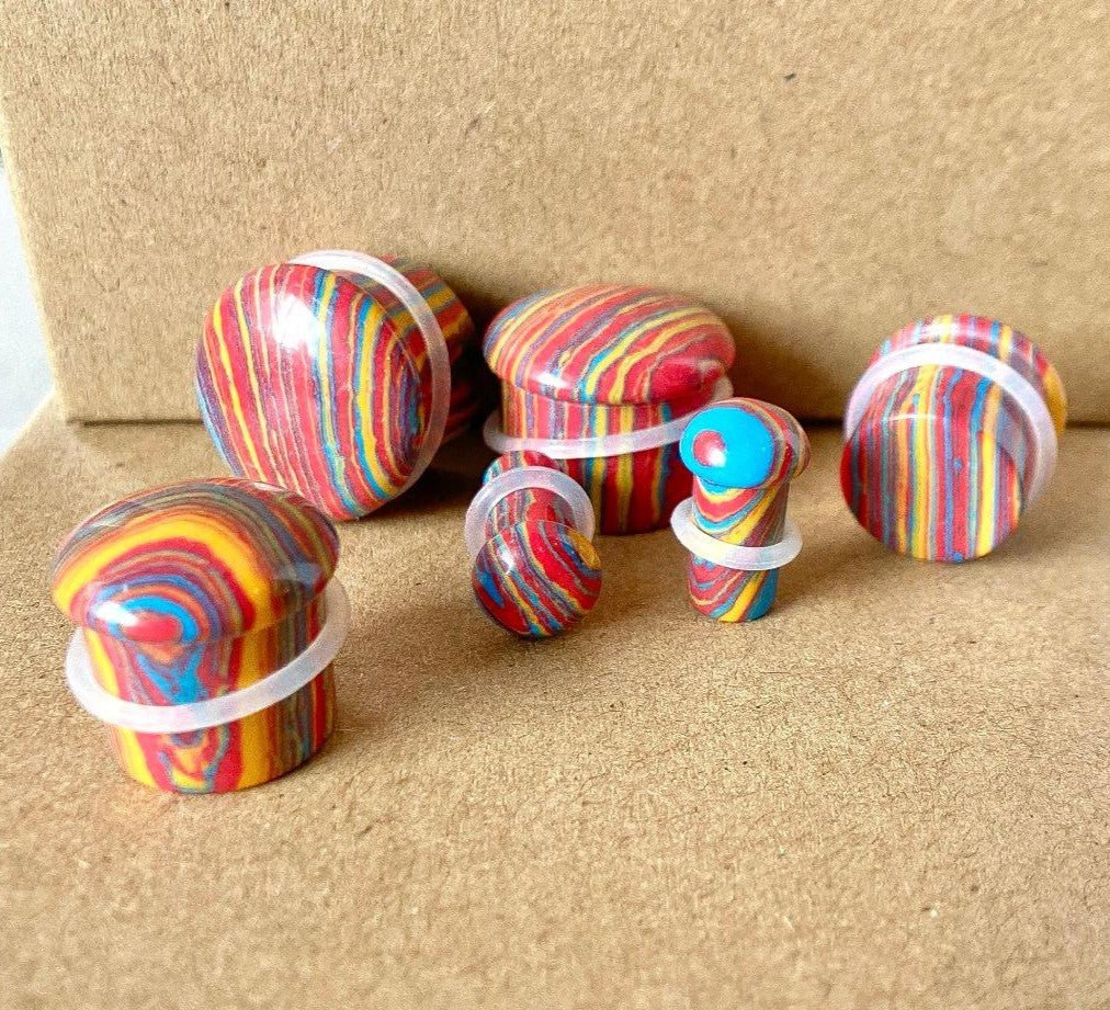 PAIR Primary Colors Tie Dye Malachite Single Flare Stone Plugs Tye Dyed Gauges