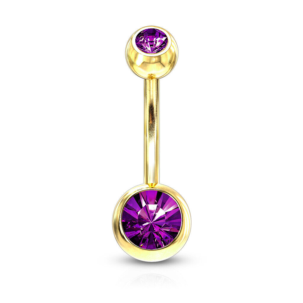 Gold Ion Plated Steel Double CZ Gem Ball Belly Ring Pierced Navel Naval
