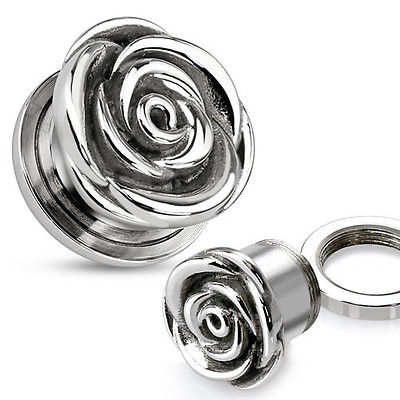 PAIR Screw Fit Rose Flower Plugs Tunnels - Only 18mm Left!