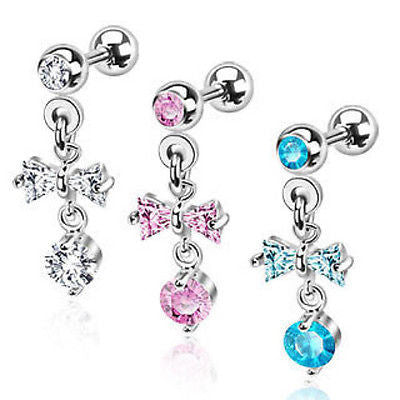 3pcs Gem Stud 16g Tragus Rings w/Ribbon & Orb Dangle Barbells