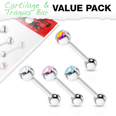 4pc Value Pack Gem Tragus Studs Cartilage Helix Barbells