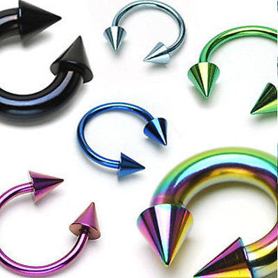 PAIR Titanium Spiked Septum, Eyebrow, Nipple Rings Horseshoe Circular Barbells