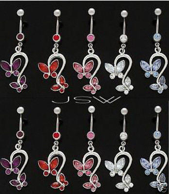 9pcs Gemmed Double Butterfly Dangle 14g Belly Rings