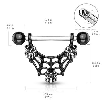 PAIR Three Spiders in Black Web Spiderweb Nipple Rings Shields